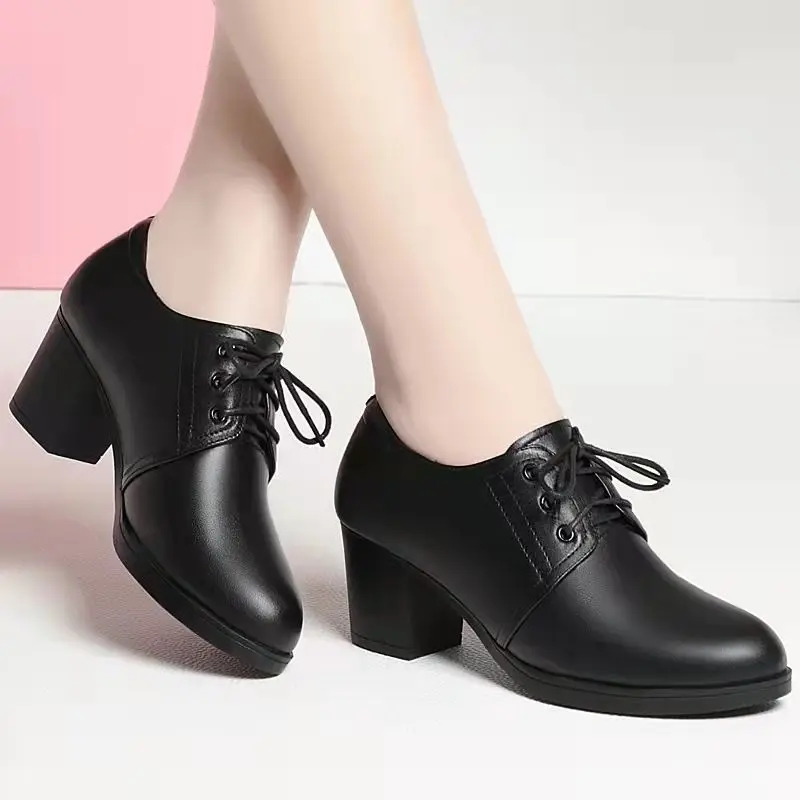 Damen Oxford Schuhe Schwarz Britischer Stil Blockabsatz Pumps für Büro Arbeit Elegant Geschnürt Kunstleder Spitz Zulaufend Formelle Halbschuhe Damenschuhe High Heels Business Mode Frühjahr Sommer – Detail 7