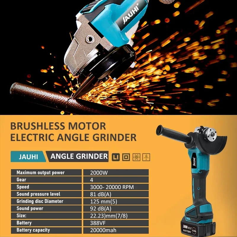 125mm 20000RPM Brushless Wireless Electric Angle Grinder Rechargeable 4 Speed Grinding Cutting Machine For Makita 18V Battery