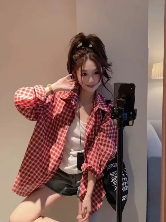 Retro American Red Plaid irt Damen Lose Lässige Dünne Oberbekleidung Offene Strickjacke Koreanische Version Frühling Pendeln Sle Long Sve