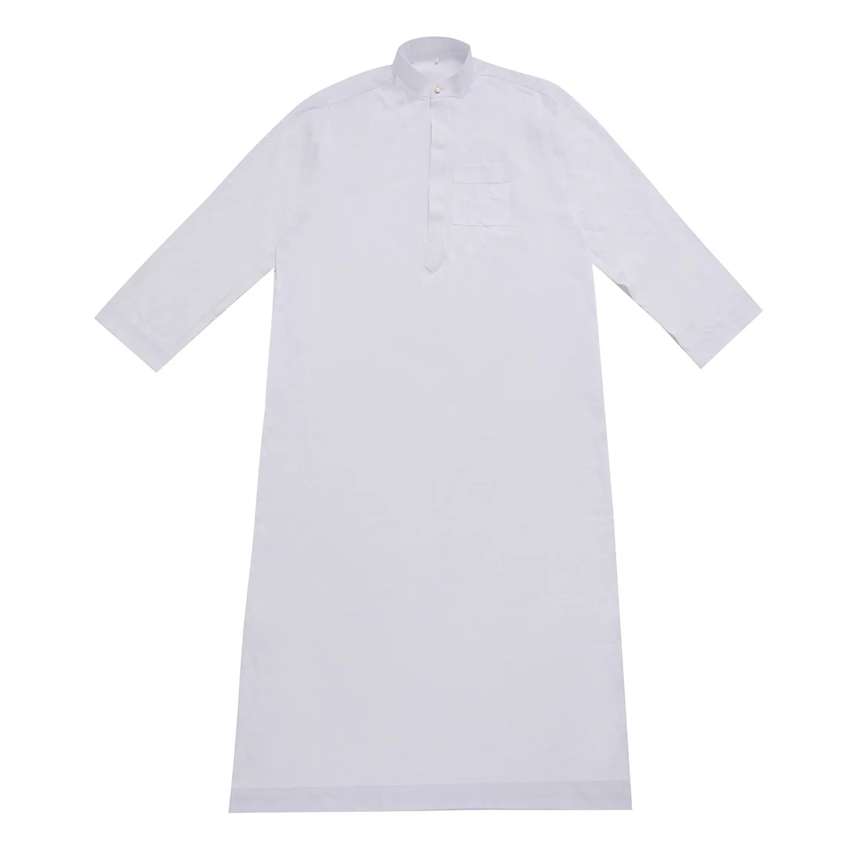 Mangas compridas robe de botão masculino, gola de gola, cor sólida, árabe, comprimento do tornozelo, Thobe muçulmano, Ramadan, roupas Eid, adulto