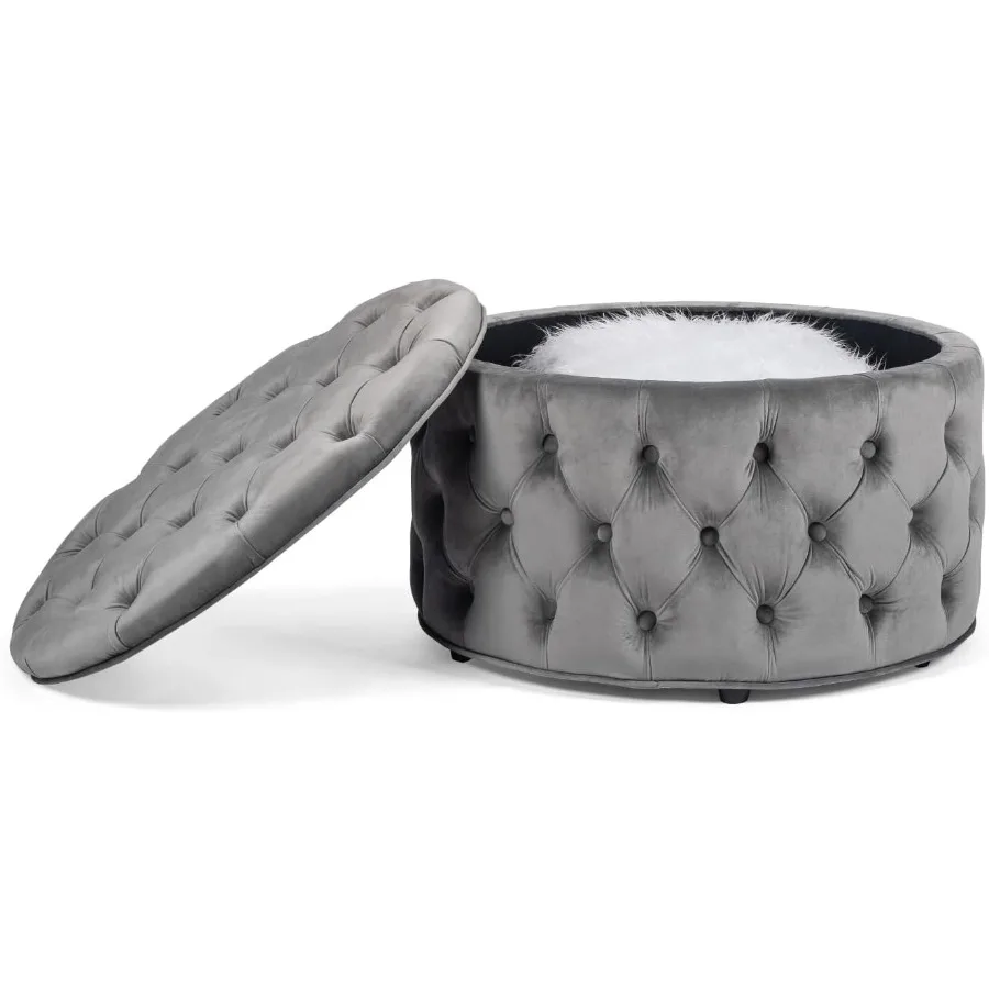 28 Inch Round Velvet Storage Ottoman with Button Tufted Design Functional Footrest Stool and Coffee Table for Living Room Decor