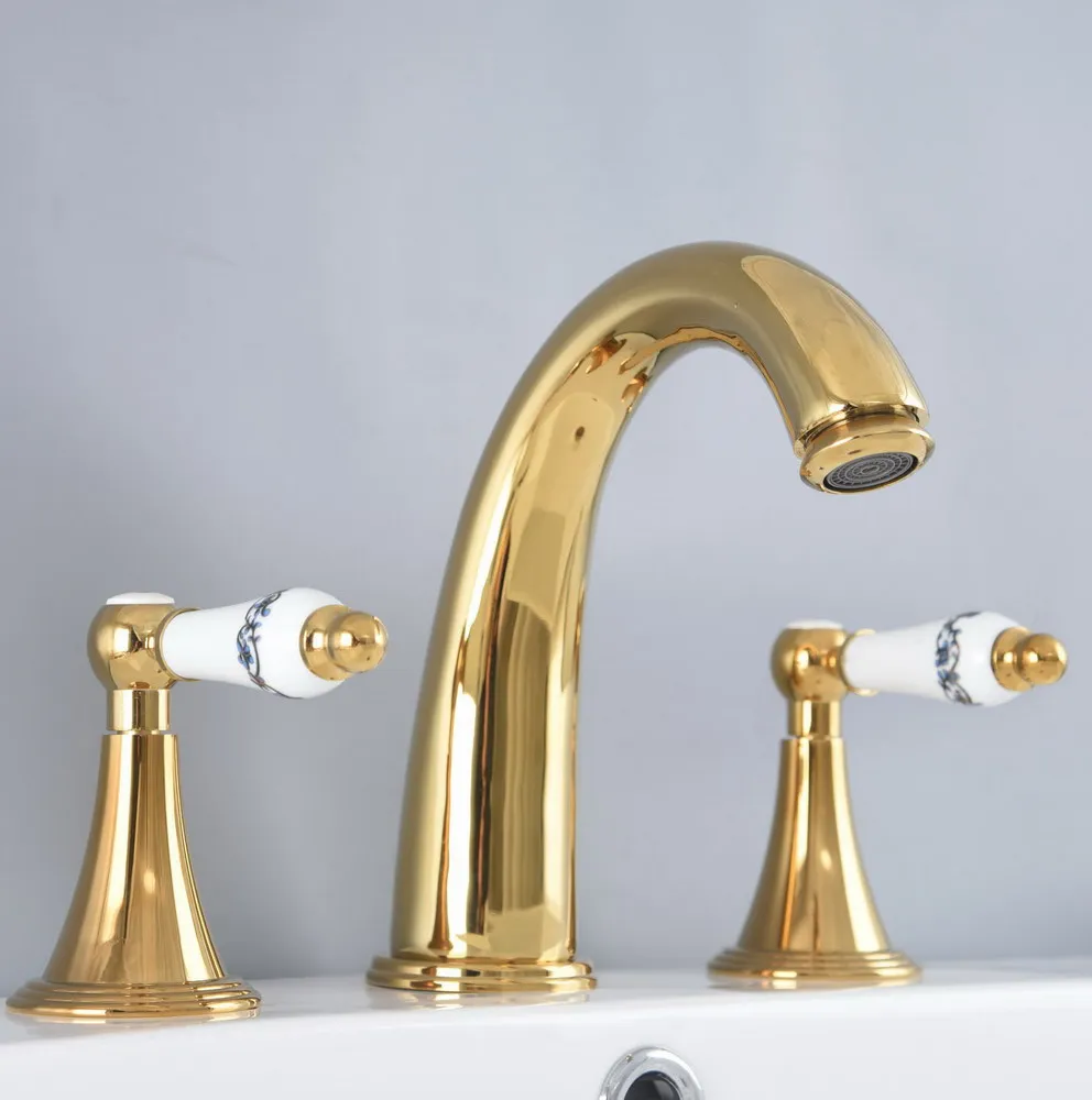 Deck Mount Gold Color Brass 3 hole Basin Mixer Taps Dual Handle Bathroom Cabinet Sink Faucet Garden Bathtub Taps Nnf987