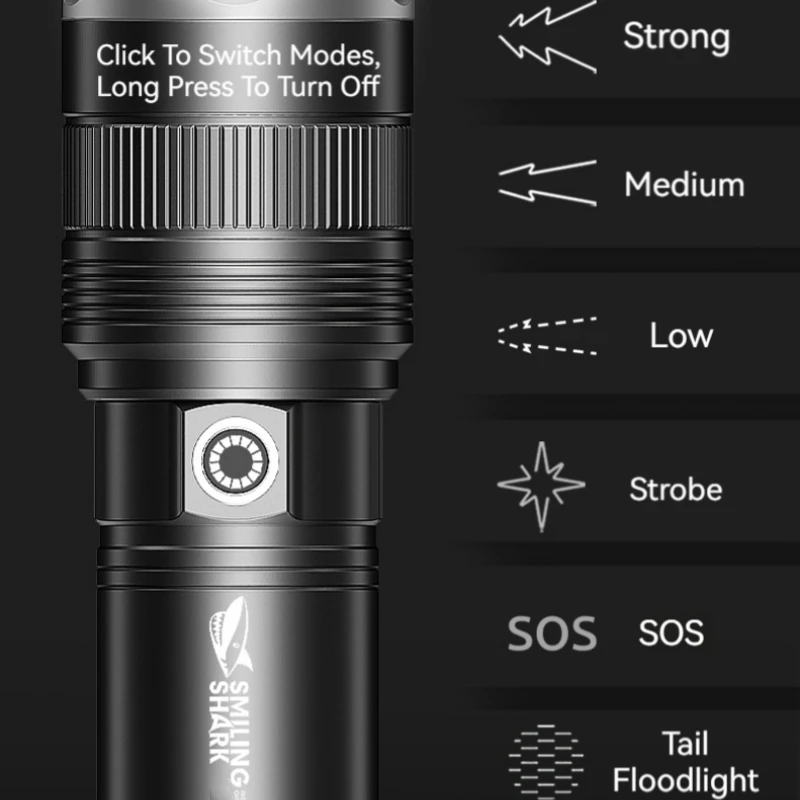 Smiling Shark SD0523 High-Brightness Zoomable Flashlight, M60 LED Torch, USB Rechargeable Torchlight, for Daily Use, Outdoors