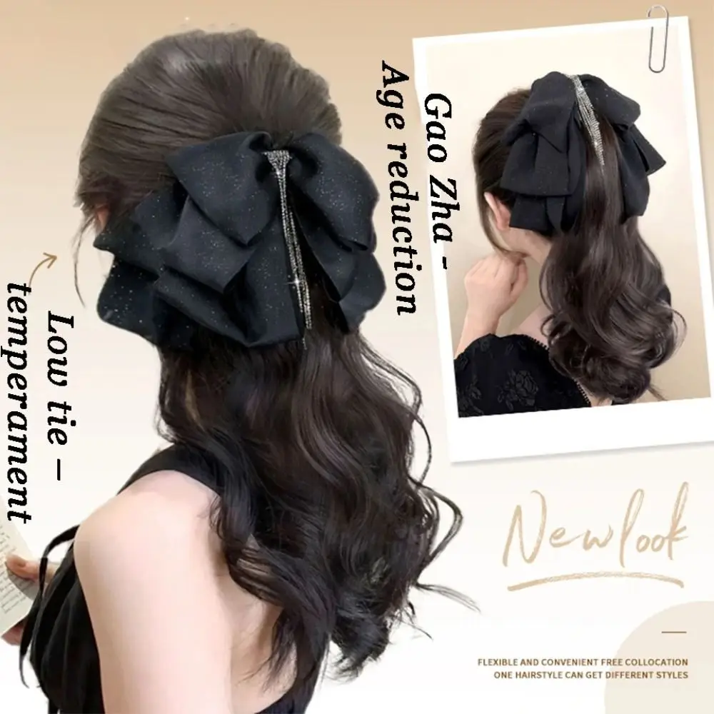 Tassel Bow Claw Clip Kucyk Temperament Lekko kręcone włosy Naturalne żaroodporne włókno chemiczne Peruka Kucyk