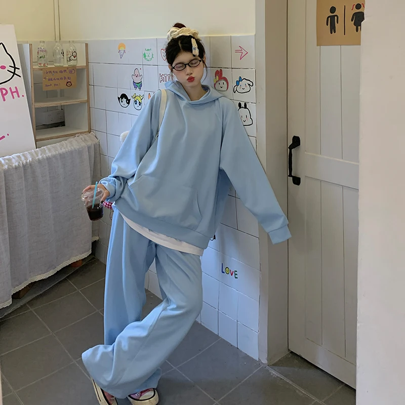 

SuperAen Women's Hoodies Autumn and Winter Solid Color Casual Loose Sweatpants College Style Two-piece Set