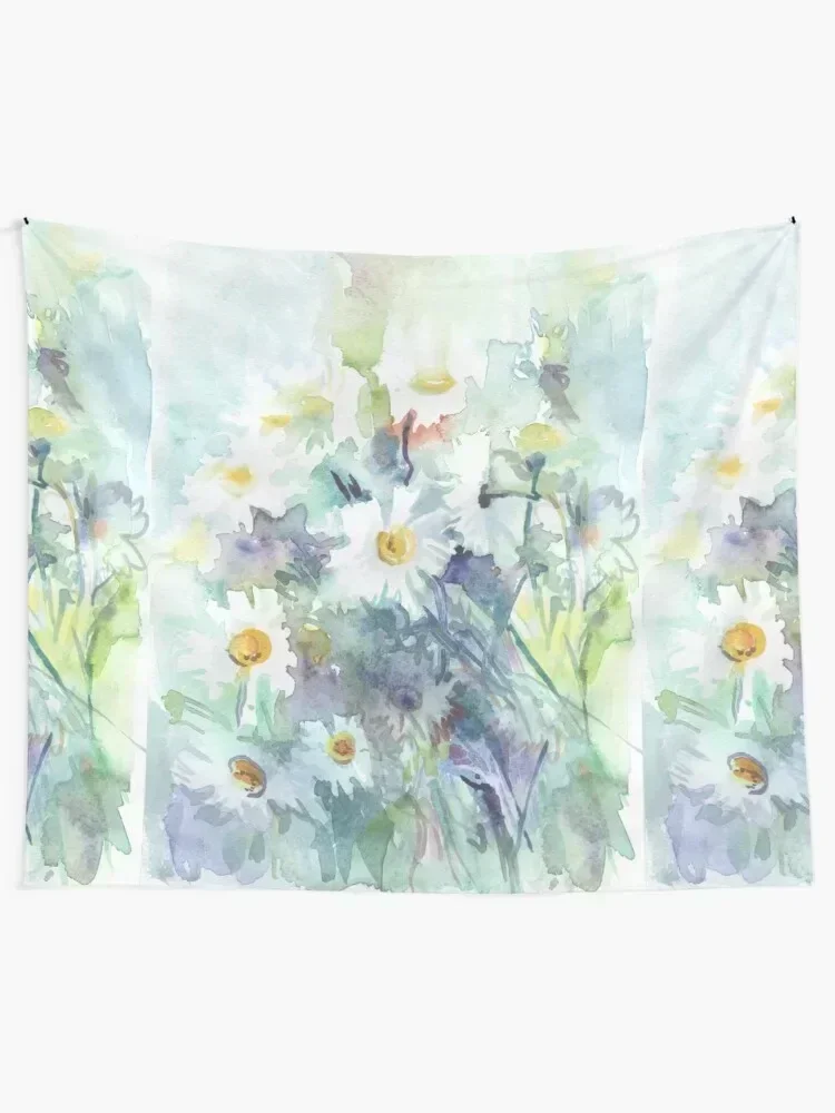 Watercolour daisies watercolor drawing - white daisies on a blue and green background, beautiful bouquet, painting Tapestry