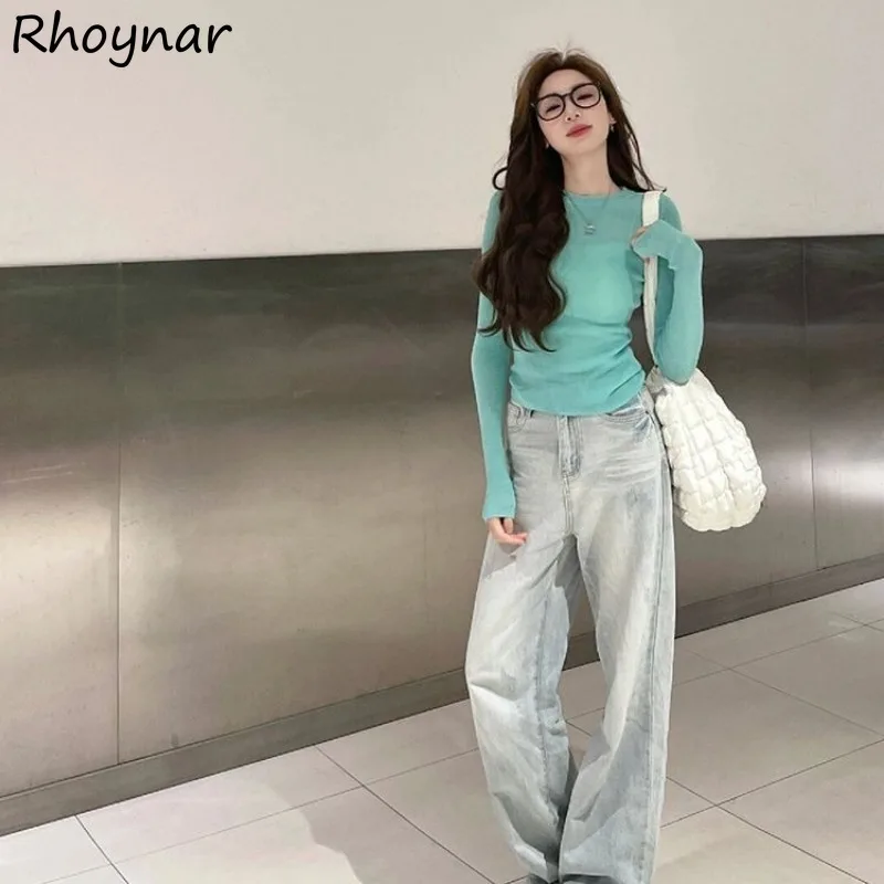 Mint Green T-shirts Women Long Sleeve Slim O-neck Korean Style Simple Solid Color Spring Ins Sweet Leisure Basic Fashion