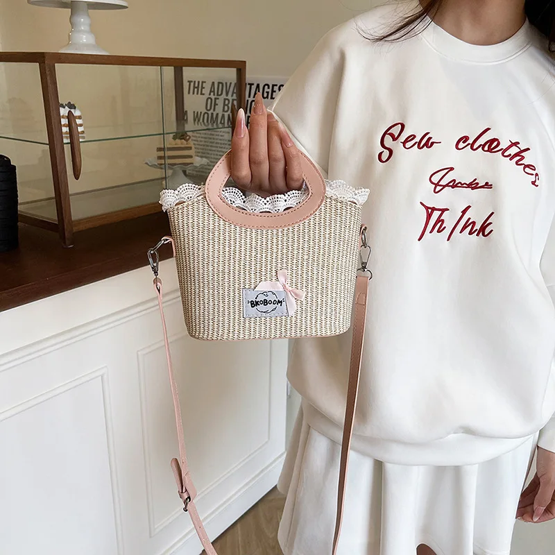 

2025 Summer Straw Tote Bag Sweet Woven Crossbody Purse for Women Cute Boho Market Basket Fashionable Versatile