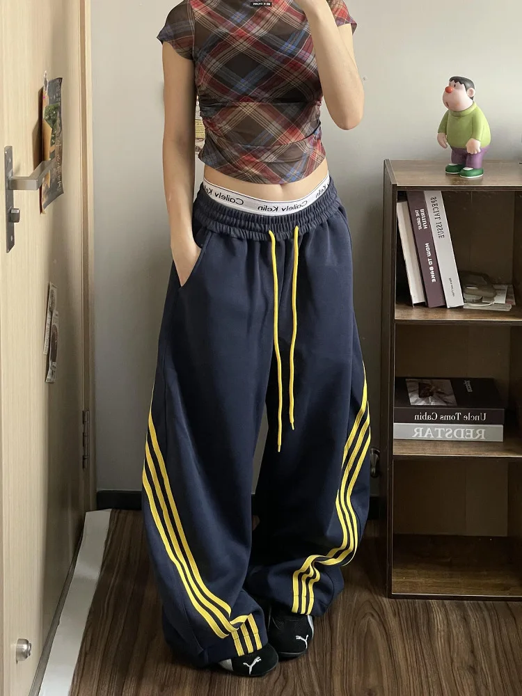 Pantalones deportivos de empalme a rayas Retro americanos para mujer, pantalones largos de pierna ancha ajustados, holgados, informales, de cintura alta