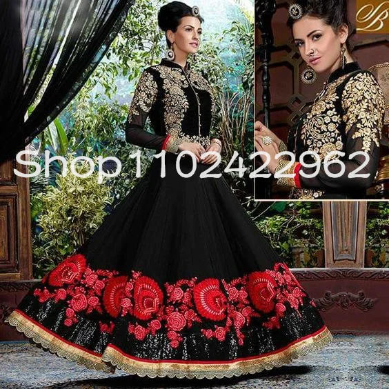 Black Muslim Sarees Prom Occasion Dresses with Long Sleeve Gold Applique Embroidery Anarkali Suits Arabic Evening Gown