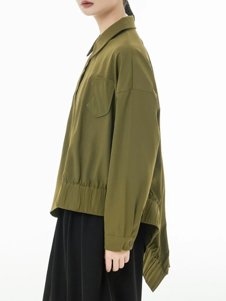 [EAM] Women Army Green Pleated Irregular Big Size Blouse New Lapel Long Sleeve Loose Shirt Fashion Spring Autumn 2024 1DF5153