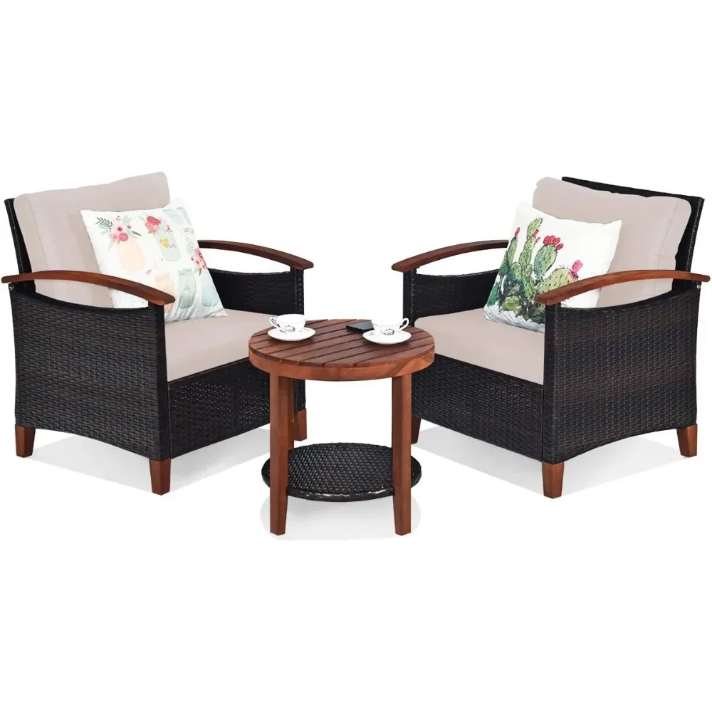 

3 Pieces Patio Furniture Set, Outdoor Rattan Sofa and Side Table w/Solid Acacia Wood Frame, High Load Bearing Conversat