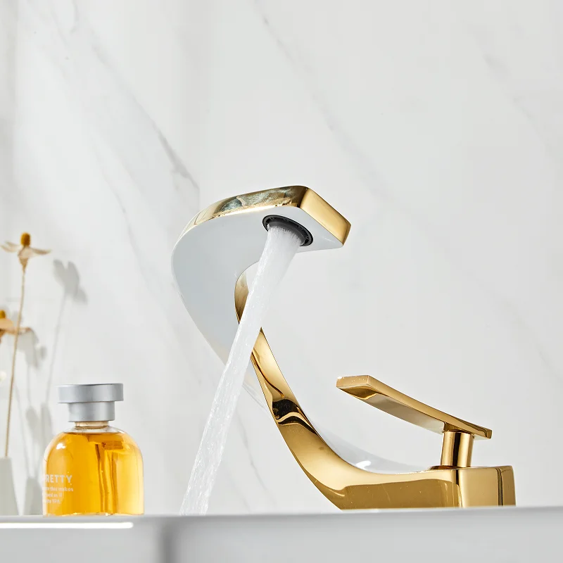 Bathroom Faucet Brass Gold White Bathroom Basin Faucet Cold Hot Water Mixer Sink Tap Deck Mounted White Rose Gold Tap