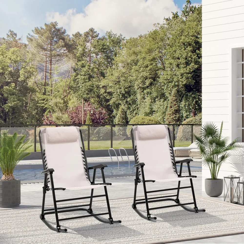 2 Piece Outdoor Rocking Chair Set, Patio Folding Lawn Rocker Set with Headrests for Yard, Patio, Deck, Backyard, Cream White