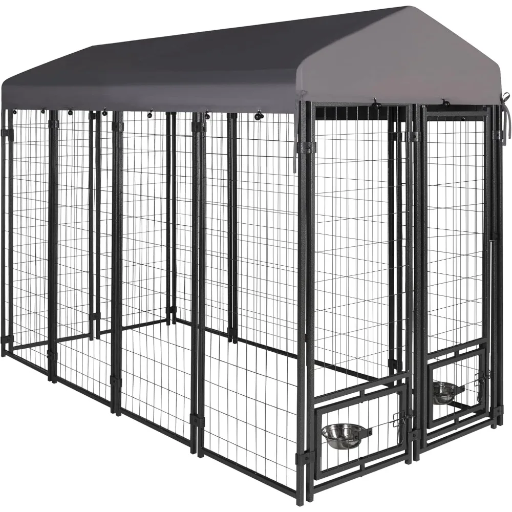 8 x 4 FT Metal Dog Kennel Outdoor and Rotating Feeding Doors, Large Dog Enclosure Dog Playpen House Heavy Duty with Canopy