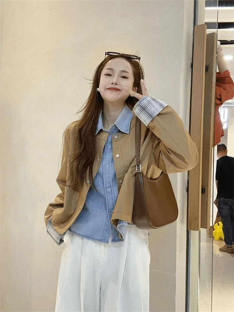 

Cool Street Sle Long Sve Color Blo Jaet Women's Spring New round Ne ort Outerwear Loose ket Design Open Cardigan