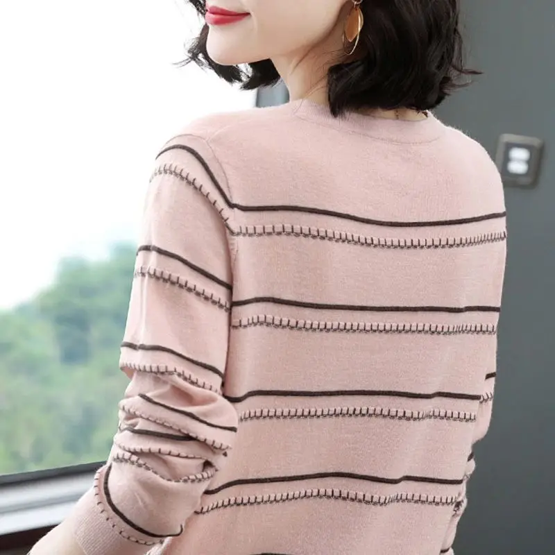 Women Autumn Simplicity Loose Elegant Striped O-neck Long Sleeve Knitwear Ladies Office Lad All-match Appear Thin Knitting Tops