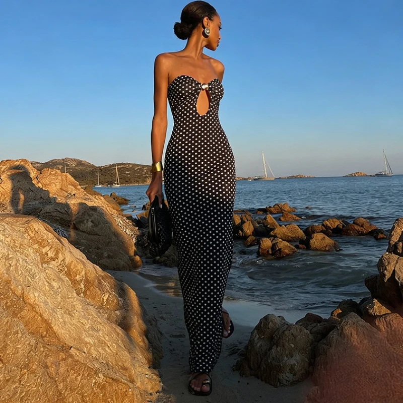 

Tsiisd Printing Polka Dot Strapless Maxi Dress For Women Beach Holiday Style Hollow Out Sexy Evening Party Female Bodycon Dress