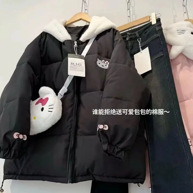 Winter New Hello Kittys Cute Padded Jacket Velvet Thickened Versatile Jacket with Bag Women's Cotton Clothes Trendy Warm Coat