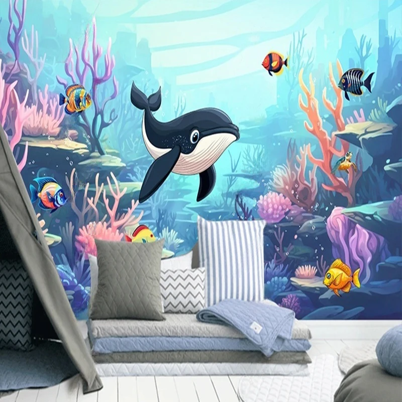 

Customized Hand-Painted Cartoon Dolphin Coral Fish Wall Mural for Kids Room Decor Nursery Playroom Background Wallpaper
