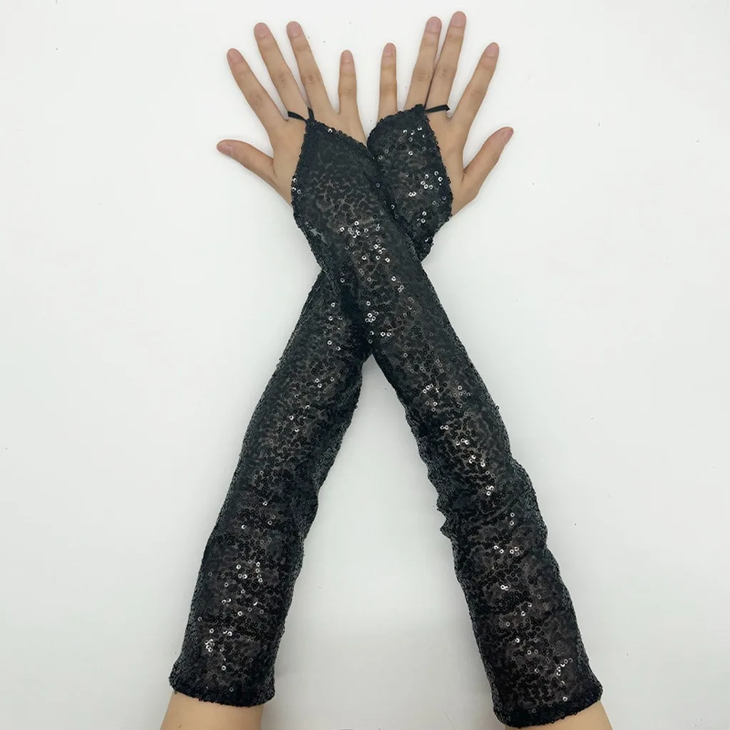 Mesh Gloves Comfortable Sequin Gloves Stage Performance Gloves Sewn Sequin Long Arm Cover For Theme Photoshoots Party Daily