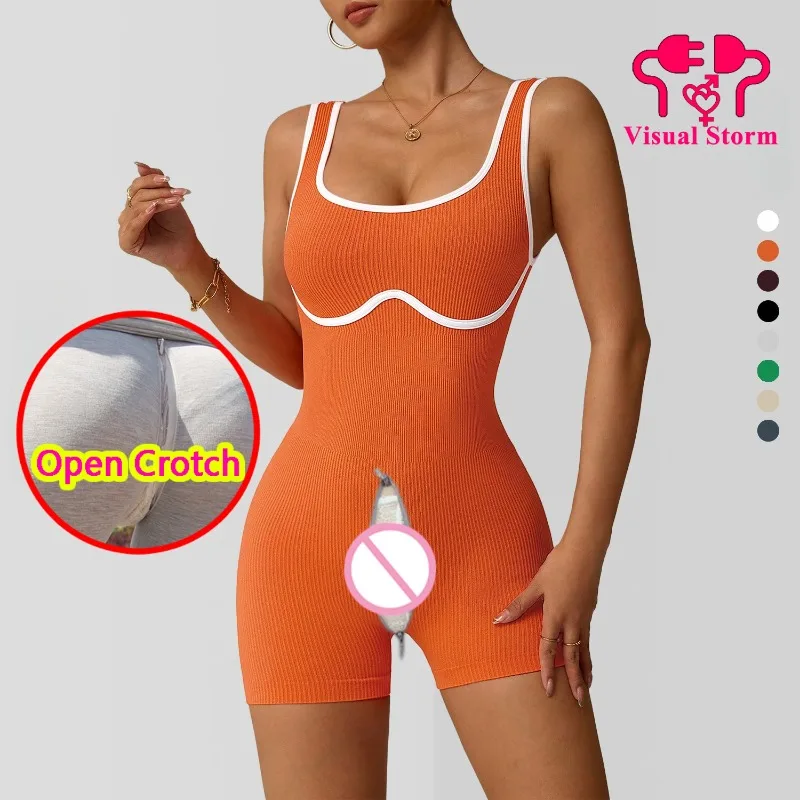 Woman Orange Crotchless Leggings Open Crotch Invisible Hidden Zippers Sports Fitness Skinny Sexy Panties Trousers Costume