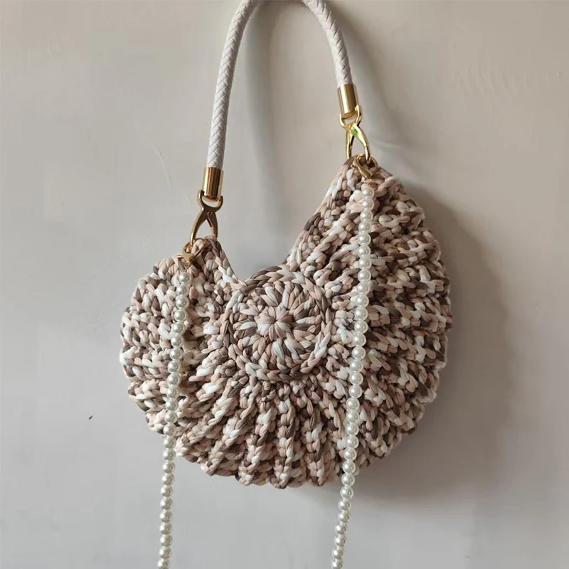 Creative Candy Color Conch Bag For Women Crochet Shoulder Bags Funny Cute Pearls Chains Handmade Weave Crossbody Hobo Shell Bag