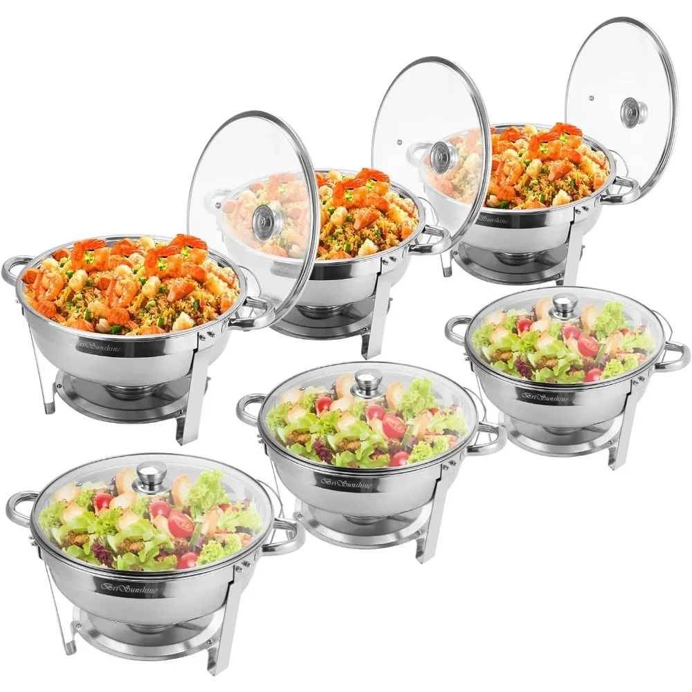 Chafing Dish Buffet Set 6 Packs, 5 QT Stainless Steel Round Chafing Dishes with Glass Lid & Lid Holder, Food Warmer For Parties