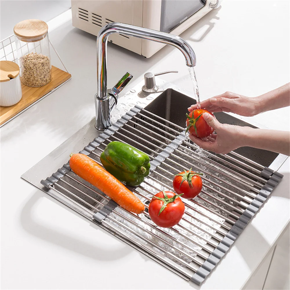 1pc Stainless Steel Sink Drying Rack Kitchen Washing Bowl Foldable Drying Curtain Plate Vegetable and Fruit Storage Rack Plate