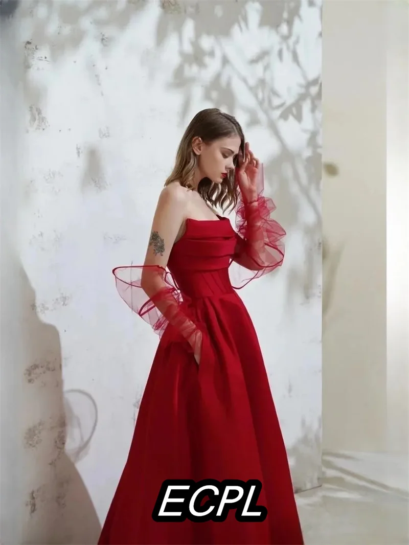 Evening Dress Women's Sleeveless Bustier A-line Red  Bridal Wedding Ceremony Birthday Party Dress Formal Occasion Robe