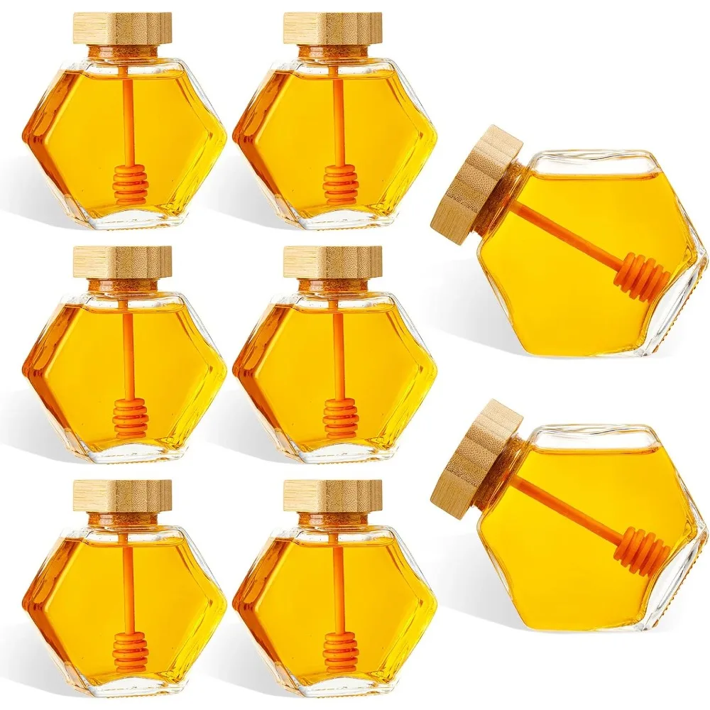 8 Pcs 220 ml Glass Honey Jars with Dipper Hexagonal Pot Jars Clear Glass Dispenser Small Honey Containers