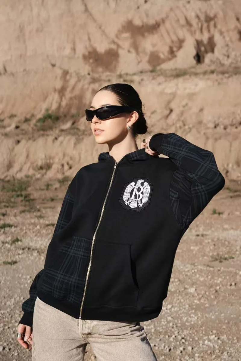 

Хип-хоп Y2K High Street грудь Eagle логотип клетчатая толстовка для пар Американская мода Готический панк тренд толстовка на молнии