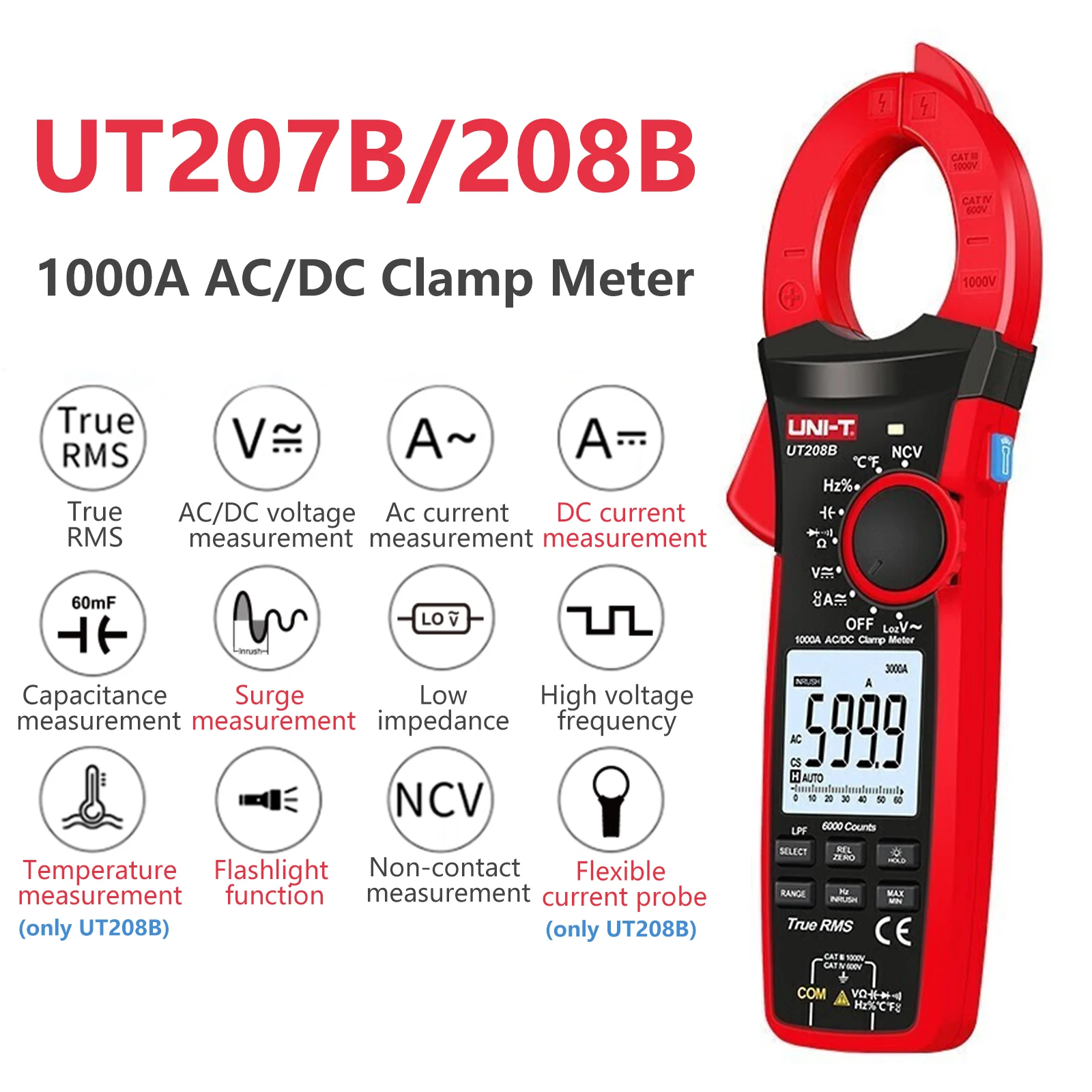 

UNI-T UT206B UT207B UT208B Digital Clamp Meter 1000A AC/DC Current 6000 Count Backlight Flashlight Multimeter Tester