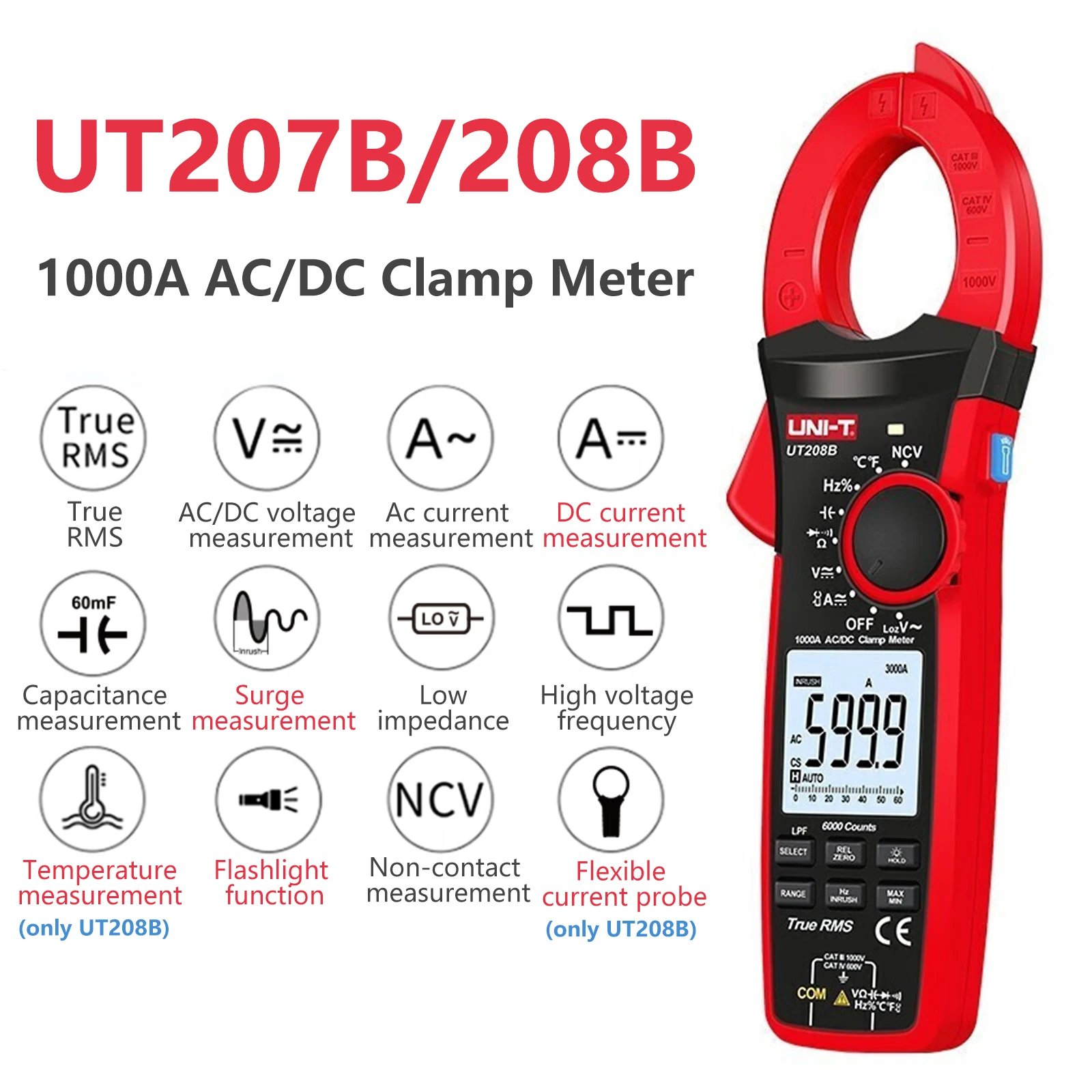 UNI-T UT206B UT207B UT208B pinza amperometrica digitale 1000A corrente AC/DC 6000 conteggi retroilluminazione torcia multimetro Tester