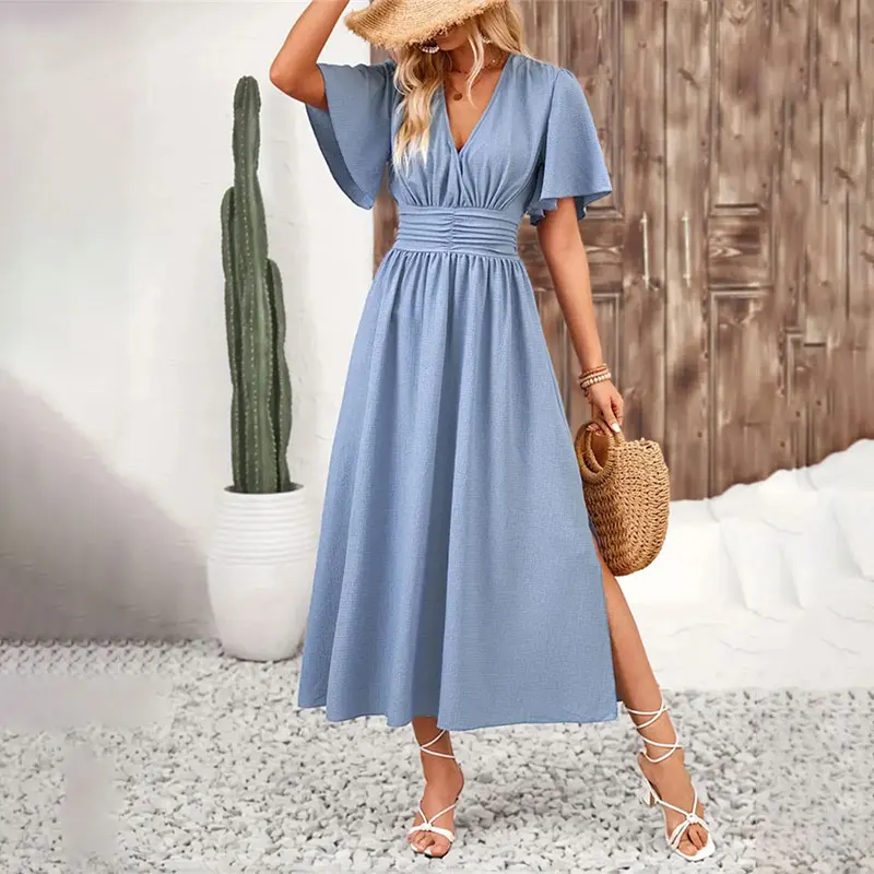 Women Ruffle Solid Pleated Long Dress Chic V Neck Short Sleeved  Black Blue Lace Up Robes Summer Lady High Street Wear Holiday