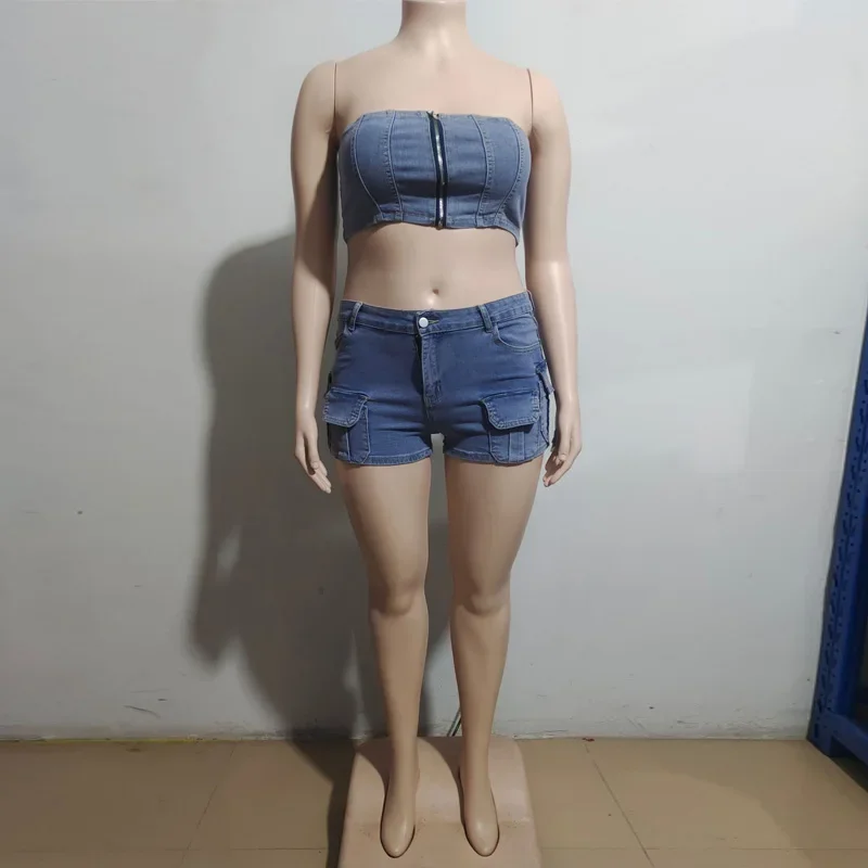 New 2 Piece Sets Woman Fashion Sexy Zip Up Crop Tube Top And Multi-pocket Cargo Denim Shorts Women Two Piece Outfits