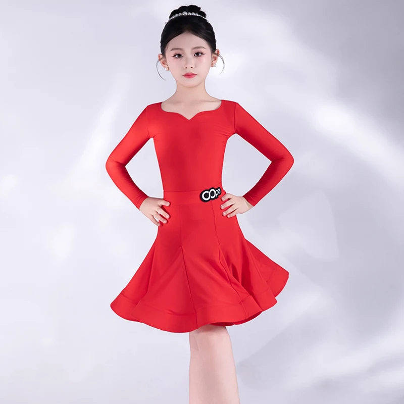 

Multi-Color Red Latin Dance Costume Girls Professional Competition Dress Long Sleeve Performance Dance Suit Purple Black AMY2241