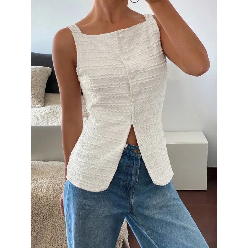 

New Best-selling Women's Vest Square Collar Button Cardigan Top Slim and Slim Trendy Fashion High Street Hot Girl's Tanks