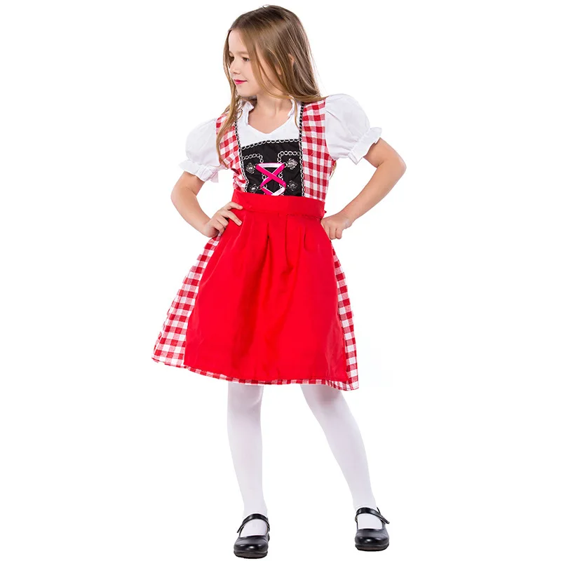 

Children German Oktoberfest Costume Red Plaid Print Dress Bavaria Traditional Beer Wench Maid Cosplay National Costume Sets