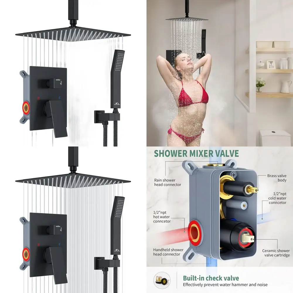 

Matte Black Ceiling-Mounted Rainfall Shower System with 12 Square Head, Handheld, and Mixer Valve