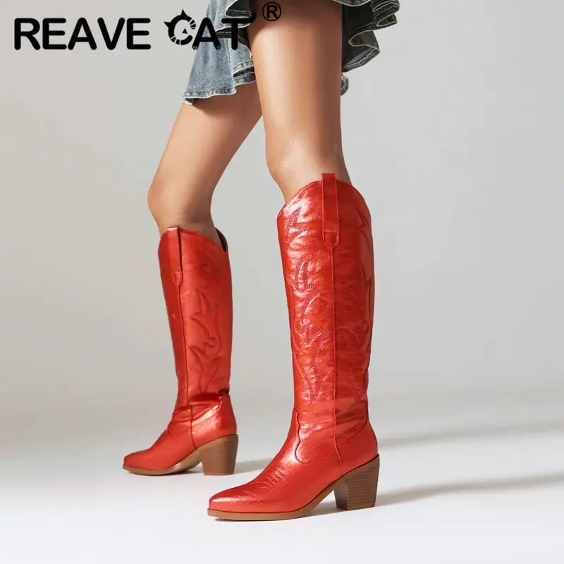 

REAVE CAT Fashion Women Western Boots Pointed Toe Block Heel 6.5cm Slip On Embroider Big Size 42 43 Retro Leisure Knee High Bota