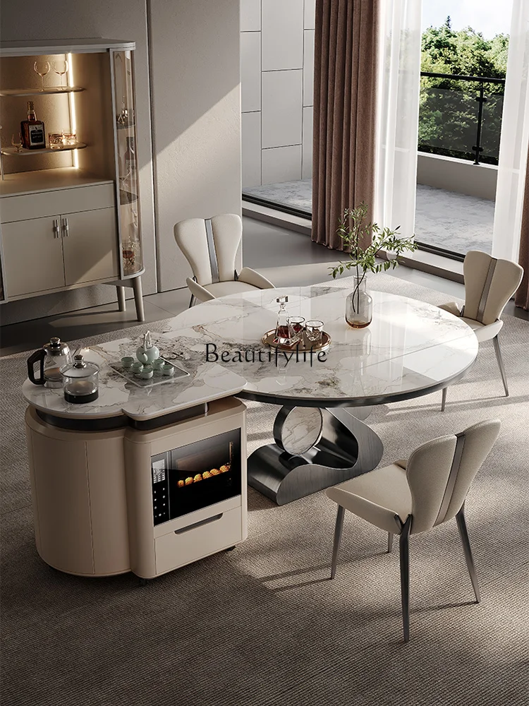 

Island round dining table integrated household multi-functional light luxury rock slab retractable table