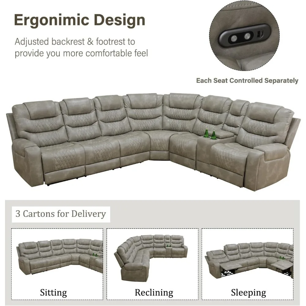 Power Reclining Sofa Set With LED Lights, Leather Reclining Sectional With USB Chargers, Leather Reclining Sectional Sofa