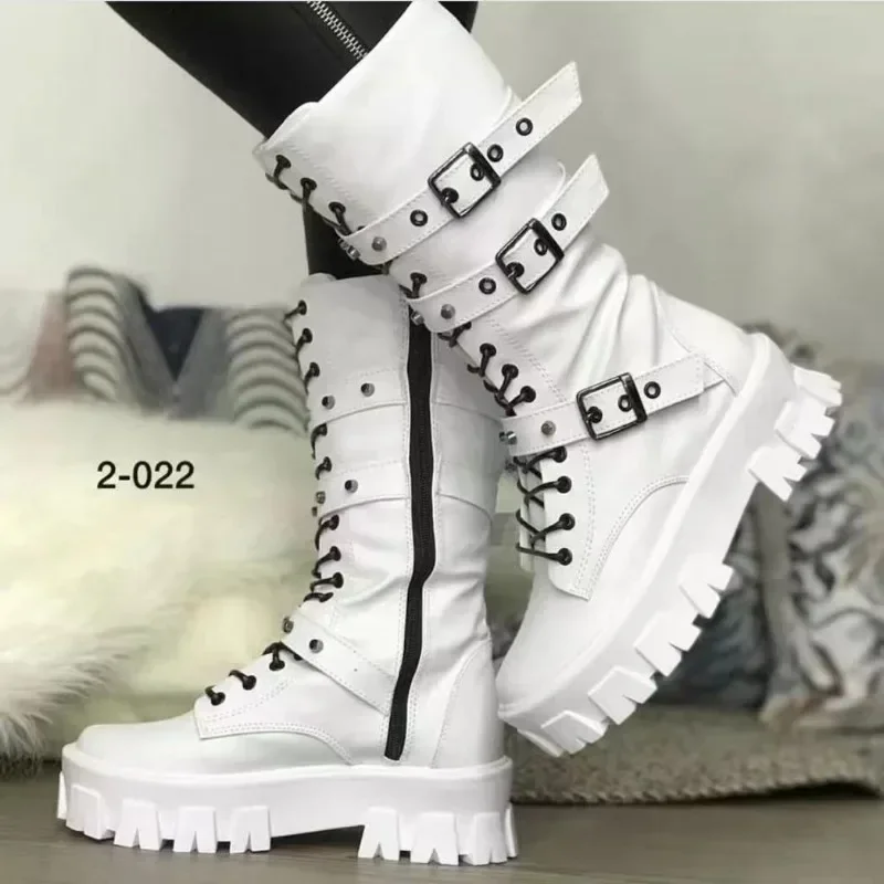 Women\'s Shoes 2024 New Cross-tied Women\'s Boots Fashion Side Zipp Modern Boots Women High Quality Belt Buckle Mid-Calf Boots