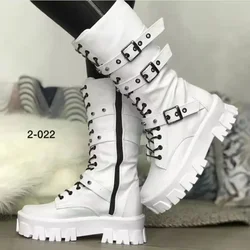 Women's Shoes 2024 New Cross-tied Women's Boots Fashion Side Zipp Modern Boots Women High Quality Belt Buckle Mid-Calf Boots