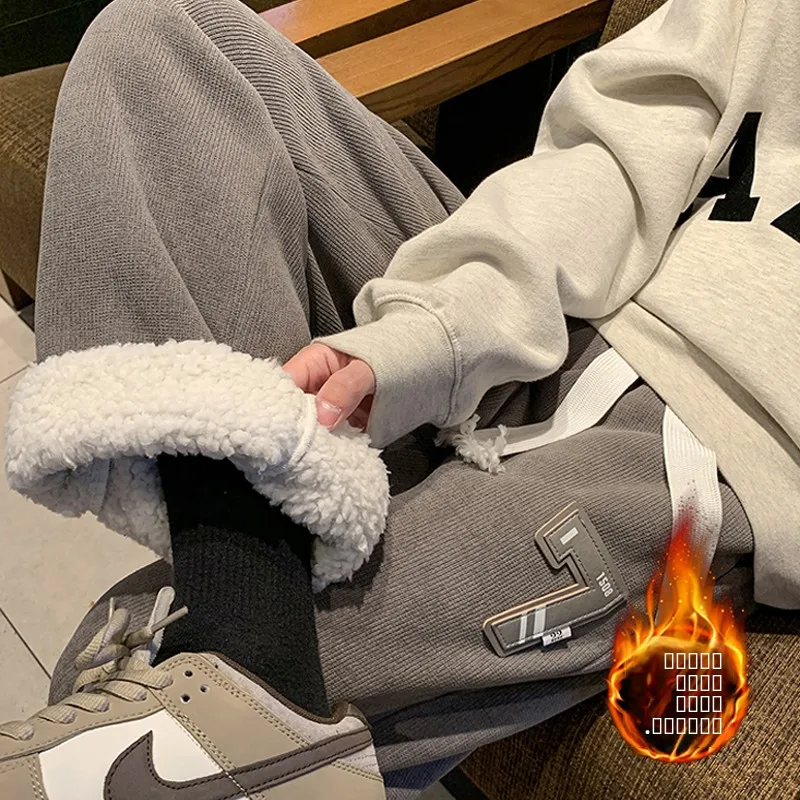 

Lamb Velvet Men's Winter Thiened Warm Straight Leg Loose Sports Casual Long Pants Fce Lined Sweatpants Anti-Wrinkle