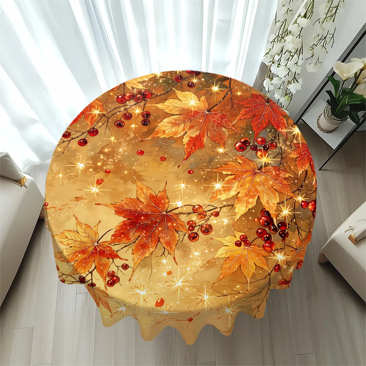 1 piece of 2D flat-printed circular tablecloth, maple leaves, red berries, stars, suitable for home usezyc