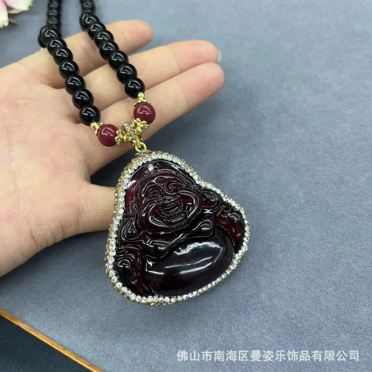 DIY accessories Internet celebrity live broadcast second generation amber laughing Buddha necklace natural agate sweater chain j view 4