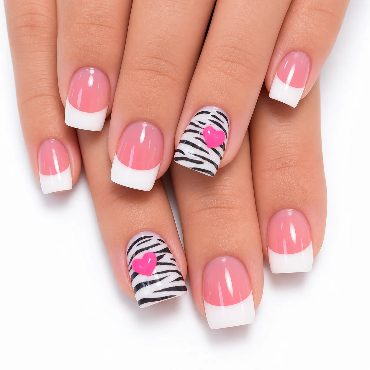 48 Pcs Short Square French Tip Press-On Nails, Heart Zebra Print, Black White Rose Red Fake Nails for Women
