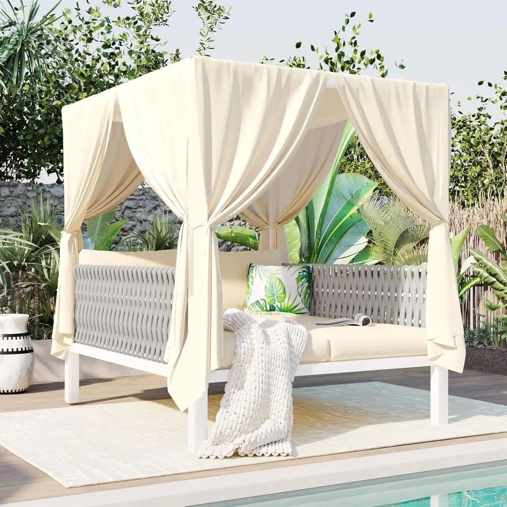 

Outdoor Patio Daybed with Soft Thick Cushions, Two Pillows and Curtains for Outside Pool